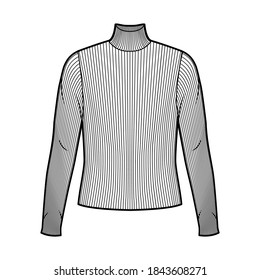 Turtleneck ribbed-knit sweater technical fashion illustration with long sleeves, oversized body. Flat sweater apparel template front white color. Women men unisex shirt top CAD mockup
