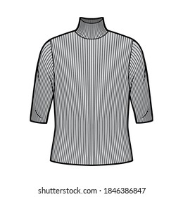 Turtleneck ribbed-knit sweater technical fashion illustration with elbow sleeves, oversized body. Flat sweater apparel template front, grey color. Women, men unisex shirt top