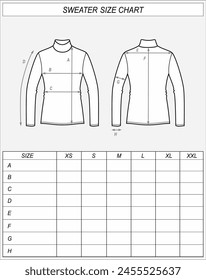 Turtleneck size chart. Rollneck front and back sketch. Clothing measurements. Women CAD mockup. Technical drawing template Vector illustration