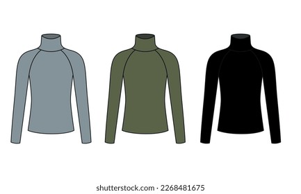 Turtleneck sketch set, grey, green, black. Vector drawing of a sweater with a high collar. Sweatshirt template with long sleeves and long collar, vector.