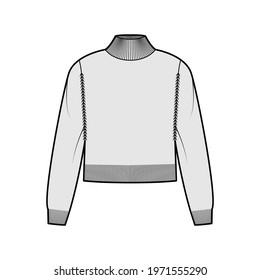 Turtleneck Sweater cropped technical fashion illustration with long sleeves, relax body, waist length, knit trim. Flat jumper apparel front, grey color style. Women men unisex CAD mockup