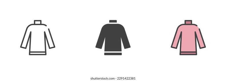 Juego de iconos de diferentes estilos para suéter de cuello de útero. Línea, glifo y contorno relleno versión colorida, contorno y signo vectorial relleno. Símbolo, ilustración del logotipo. Gráficos vectoriales