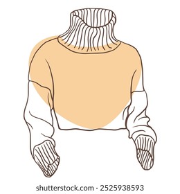 turtleneck sweater with long cuffed sleeves, cropped just below the waist for teens. line drawing illustration for fashion poster, cozy clothing shops,  sweater store banners designs.