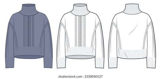 Turtleneck Sweater technical fashion illustration, grey design.  Jumper fashion flat technical drawing template, pigtails, overfit, front and back view, white, women, men, unisex CAD mockup set.