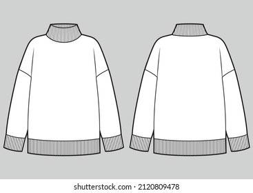 Turtleneck sweater vector template. Front and back view