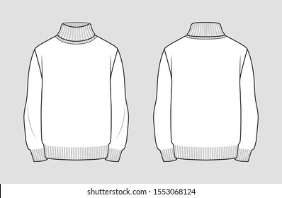 Turtleneck sweater vector template. Men's clothing. Front and back view. Outline fashion technical sketch of apparel.