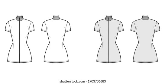 Turtleneck zip-up dress technical fashion illustration with short sleeves, mini length, fitted body, Pencil fullness. Flat apparel template front, back, white, grey color. Women, men unisex CAD mockup