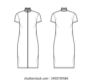 Turtleneck zip-up dress technical fashion illustration with short sleeves, knee length, oversized body, Pencil fullness. Flat apparel template front, back, white color. Women, men, unisex CAD mockup
