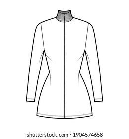 Turtleneck zip-up dress technical fashion illustration with short sleeves, mini length, fitted body, Pencil fullness. Flat apparel template front, white color. Women, men unisex CAD mockup