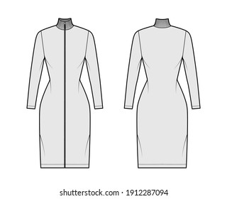 Turtleneck zip-up dress technical fashion illustration with long sleeves, knee length, fitted body, Pencil fullness. Flat apparel template front, back, grey color. Women, men, unisex CAD mockup