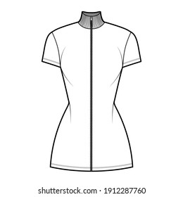 Turtleneck zip-up dress technical fashion illustration with short sleeves, mini length, fitted body, Pencil fullness. Flat apparel template front, white color. Women, men unisex CAD mockup