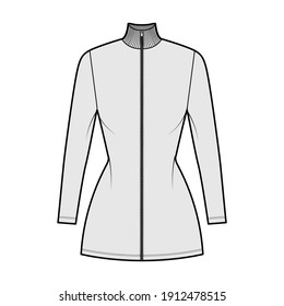 Turtleneck zip-up dress technical fashion illustration with short sleeves, mini length, fitted body, Pencil fullness. Flat apparel template front, grey color. Women, men unisex CAD mockup