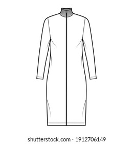 Turtleneck zip-up dress technical fashion illustration with long sleeves, knee length, oversized body, Pencil fullness. Flat apparel template front, white color. Women, men, unisex CAD mockup