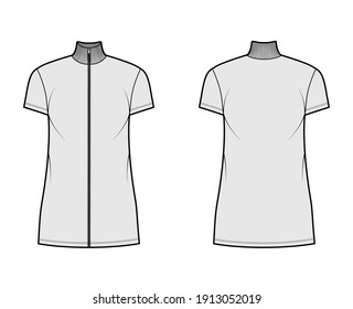 Turtleneck zip-up dress technical fashion illustration with short sleeves, mini length, oversized body, Pencil fullness. Flat apparel template front, back, grey color. Women, men, unisex CAD mockup