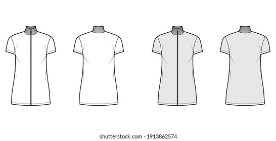 Turtleneck zip-up dress technical fashion illustration with short sleeves, mini length, oversized, Pencil fullness. Flat apparel template front, back, white, grey color. Women, men, unisex CAD mockup