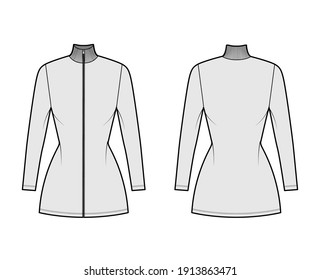 Turtleneck zip-up dress technical fashion illustration with short sleeves, mini length, fitted body, Pencil fullness. Flat apparel template front, back, grey color. Women, men unisex CAD mockup