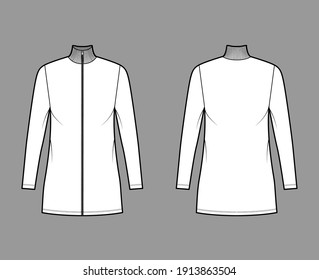 Turtleneck zip-up dress technical fashion illustration with long sleeves, mini length, oversized body, Pencil fullness. Flat apparel template front, back, white color. Women, men, unisex CAD mockup