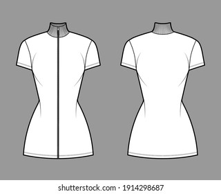 Turtleneck zip-up dress technical fashion illustration with short sleeves, mini length, fitted body, Pencil fullness. Flat apparel template front, back, white color. Women, men unisex CAD mockup