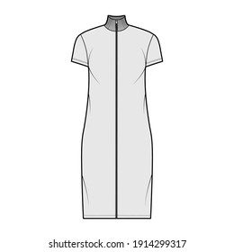 Turtleneck zip-up dress technical fashion illustration with short sleeves, knee length, oversized body, Pencil fullness. Flat apparel template front, grey color. Women, men, unisex CAD mockup