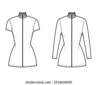 Turtleneck zip-up dress technical fashion illustration with long, short sleeves, mini length, fitted body, Pencil fullness. Flat apparel template front, white color. Women, men, unisex CAD mockup