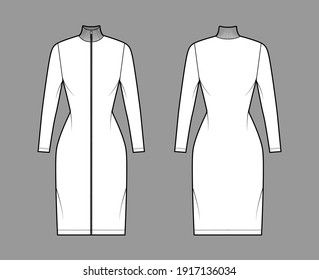 Turtleneck zip-up dress technical fashion illustration with long sleeves, knee length, fitted body, Pencil fullness. Flat apparel template front, back, white color. Women, men, unisex CAD mockup