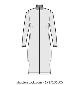 Turtleneck zip-up dress technical fashion illustration with long sleeves, knee length, oversized body, Pencil fullness. Flat apparel template front, grey color. Women, men, unisex CAD mockup