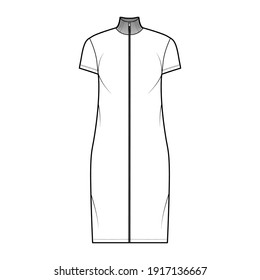 Turtleneck zip-up dress technical fashion illustration with short sleeves, knee length, oversized body, Pencil fullness. Flat apparel template front, white color. Women, men, unisex CAD mockup
