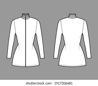 Turtleneck zip-up dress technical fashion illustration with short sleeves, mini length, fitted body, Pencil fullness. Flat apparel template front, back, white color. Women, men unisex CAD mockup