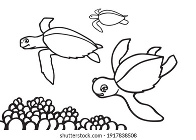 Turtles and algae in the ocean. Can be used for coloring book for kids. Vector illustration.