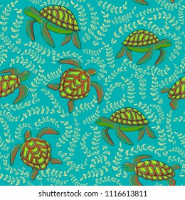 Turtles and algae on a turquoise background. Decorative seamless pattern. 