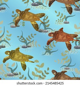 Turtles and algae in a pattern.Seamless vector pattern with turtles and algae on a colored background.