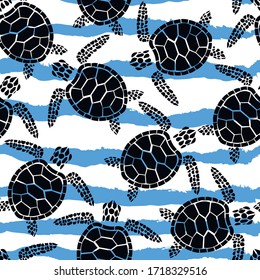 Turtles, animal, vacation, sea vector seamless pattern with waves on white background. Concept for wallpaper, wrapping paper, cards, print  