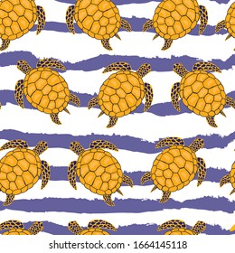 Turtles , animal with waves vector seamless pattern on white background. Concept for wallpaper, wrapping paper, cards 