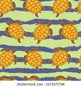 Turtles animals, sea vector seamless pattern with waves . Concept for wallpaper, textile , cards 