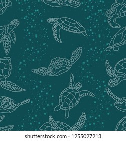 Turtles and bubbles on darkcyan background. Underwater. Seamless pattern for cloth, wrapping paper.