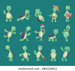 Turtles cartoon. Comic reptile funny characters in various action poses nature wild animals vector turtles illustrations