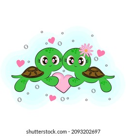 turtles cute characters Valentine's Day greeting card with cartoon turtle characters in water with hearts bubbles print on textiles for t-shirt gift wrapping decoration cute childrens illustration