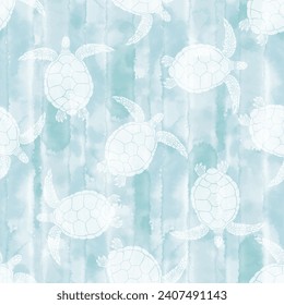 Turtles. Endless background on the marine theme on blue watercolor . Abstract vector illustration. Perfect for design templates, wallpaper, wrapping, fabric and textile.