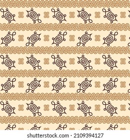 turtles in ethno style on a yellow background. seamless texture