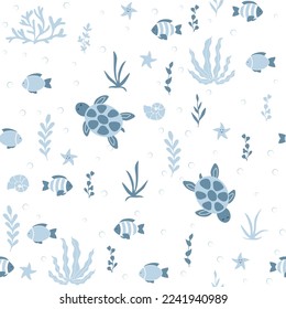 Turtles, fish and seaweed smiling. Marine seamless pattern