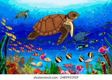 Tortugas y peces bajo el agua. Ilustración vectorial de colores con tortugas marinas y peces bajo el agua.