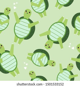 Turtles, hand drawn backdrop. Colorful seamless pattern with animals, hearts. Decorative cute wallpaper, good for printing. Overlapping background vector. Design illustration