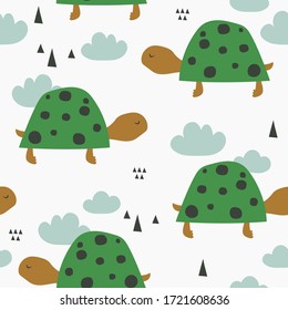 Turtles, hand drawn backdrop. Colorful seamless pattern with animals. Decorative cute wallpaper, good for printing. Overlapping background vector. Design illustration, reptiles