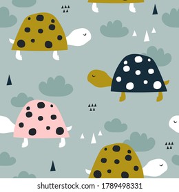 Turtles, hand drawn backdrop. Colorful seamless pattern with animals. Decorative cute wallpaper, good for printing. Overlapping background vector. Design illustration, reptiles