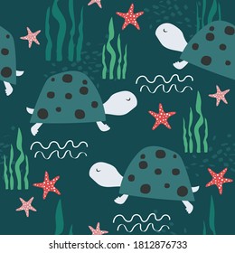 Turtles, hand drawn backdrop. Colorful seamless pattern with animals. Decorative cute wallpaper, good for printing. Overlapping background vector. Design illustration, reptiles
