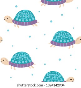 Turtles, hand drawn backdrop. Seamless pattern with turtles. Vector flat illustration. Pattern with animals, reptiles. A Scandinavian-style pattern. For wallpaper, textiles, fabric, paper.