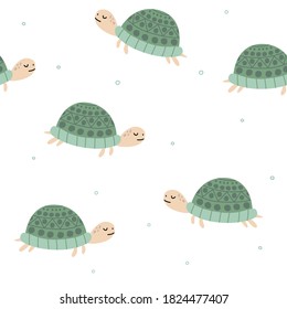 Turtles, hand drawn backdrop. Seamless pattern with turtles. Vector flat illustration. Pattern with animals, reptiles. For wallpaper, textiles, fabric, paper.