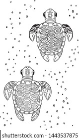 Turtles. Image isolated on white background. Vector, hand drawn illustration. Coloring book for kids.