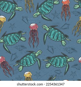 Turtles and jellyfish colorful pattern seamless with underwater animals or marine fauna floating deep on ocean floor vector illustration