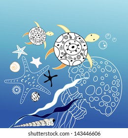 turtles and jellyfish on a blue sea background